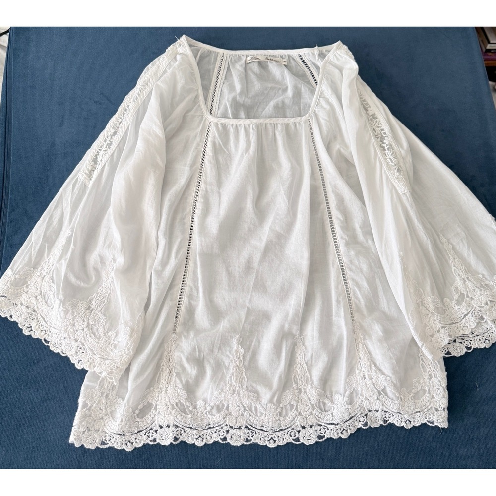 Solitaire Lace Embroidered Blouse Womens M White Boho Peasant French Cotton Top